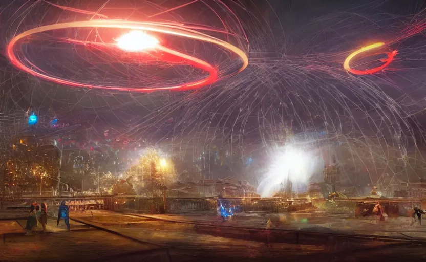 Image similar to pepople and a spiral - shaped white luminous attractor is floating in soviet city, concept art, art for the game, professional lighting, art