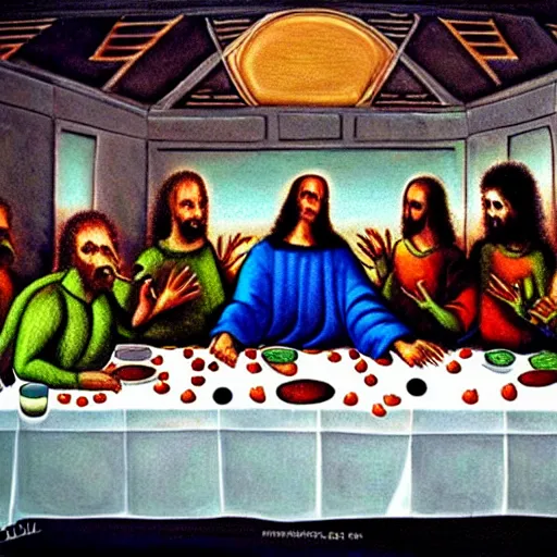 Prompt: aliens in the last supper, eating alien food, painting