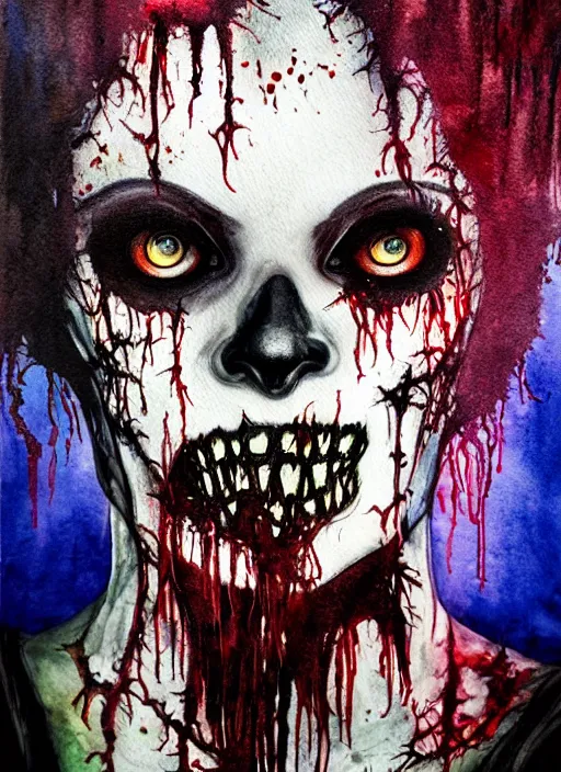 Prompt: black zombie hollywood artwork professional acting headshot, hyperrealism, intricate detail, studio lighting, charming expression gesicht, hauntingly beautiful zombie, watercolor art, epic, legendary, drawn and painted, colored layers, dulled contrast, exquisite fine art, splatterpaint