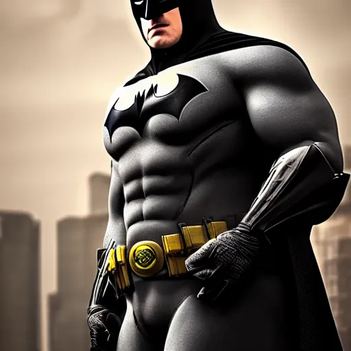 Image similar to thick batman, realistic, 4 k, super realistic, super detailed, high octane, photorealistic, rendering 8 k, 8 k octane, unreal engine,