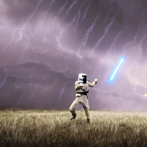 Prompt: film still of jedi cats lightsaber fighting in a texas thunderstorm, 4 k