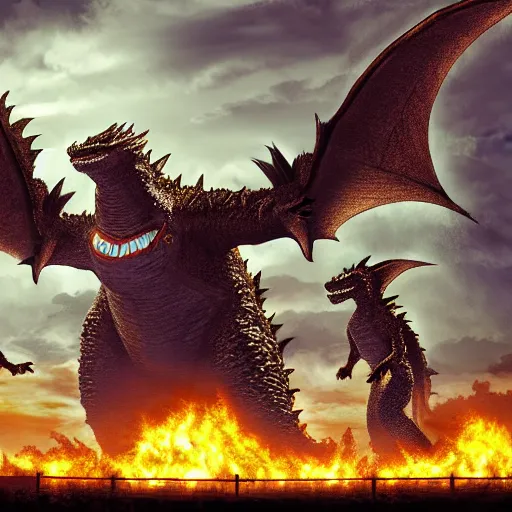 Prompt: godzilla, king ghidorah, mothra, and jet jaguar fighting a fire on monster island, ultra realistic digital art, 4 k