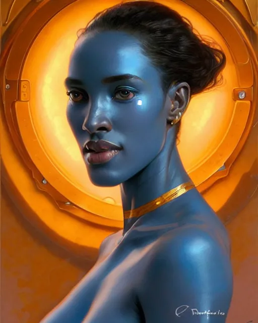 Image similar to Portrait of very very very very very very beautiful ethiopian woman, spacesuit, blue eyes, real life skin, intricate, elegant, highly detailed, artstation, concept art, smooth, sharp focus, art by artgerm and greg rutkowski and alphonse mucha