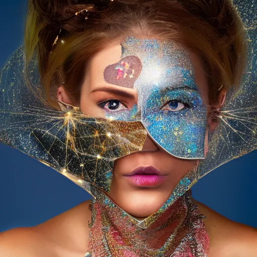 Prompt: portrait of a shy beautiful futuristic woman layered with high-tech jewelry wrapping around her face and head, golden-silver light with tiny blue, gold, and red gems scattered like dust