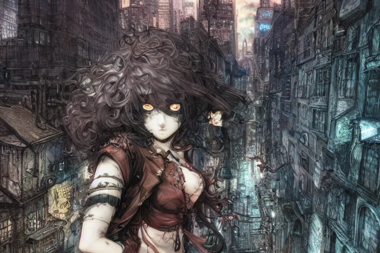 Image similar to goth woman in front of city, color page, tankoban, 4 k, tone mapping, akihiko yoshida, james jean andrei riabovitchev marc simonetti, yoshitaka amano, long hair, curly, h. hydrochaeri