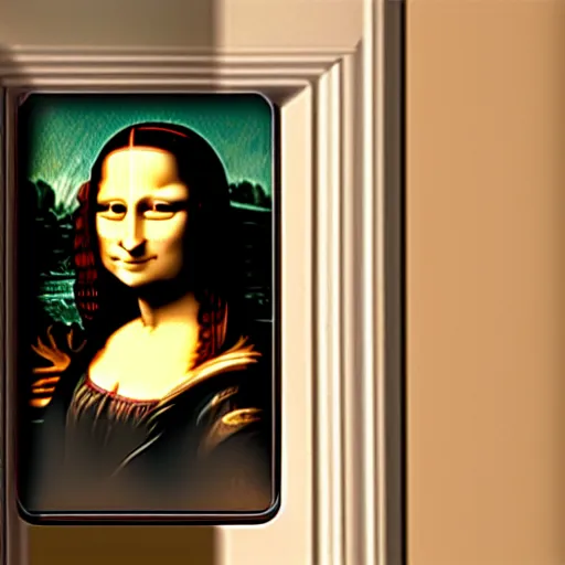 Image similar to ring doorbell video of mona lisa knocking my door, dark lighting