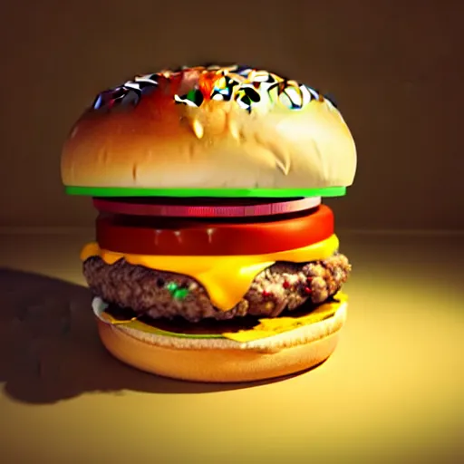 Image similar to a cat / burger hybrid, with fries, volumetric lighting, 4 k