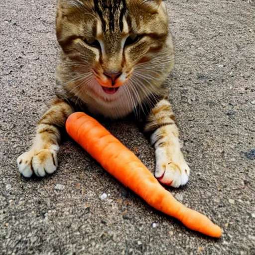 Image similar to big tabby cat with white paws biting a carrot