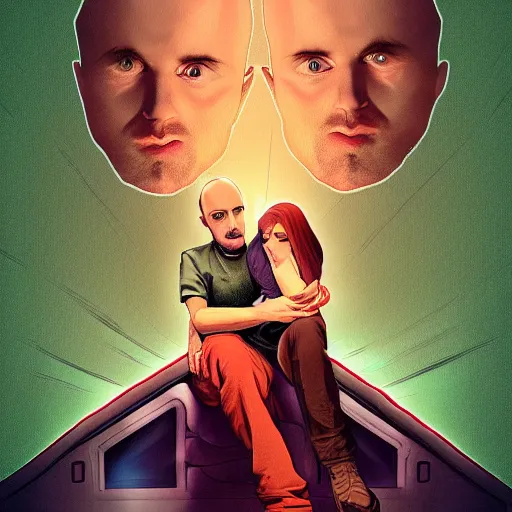 Image similar to a digital art of jessie pinkman and jessie pinkman, sitting on two sofas, watching tv, holding hands, back to the camera, storybook art, detailed, profile shot, featured on artstation