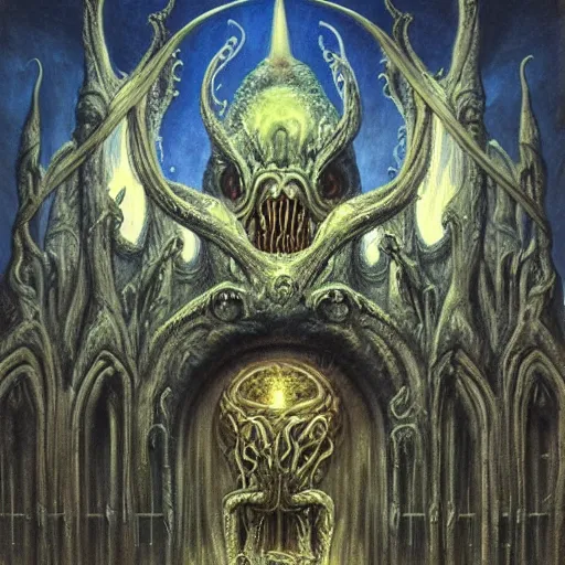 Image similar to monstrous and twisted cathedral with an altar that has a statue to many eyed veiny and four armed cthulhu, tentacles twisting in lotus position. in the style of hr giger and zdzisław beksinski and frank frazetta. blue glow, gloomy and misty. biomechanical oil painting horror