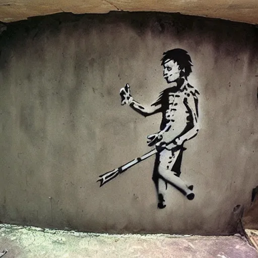 Image similar to banksy graffiti on cursed ancient anunnaki tomb, ps 1 graphics