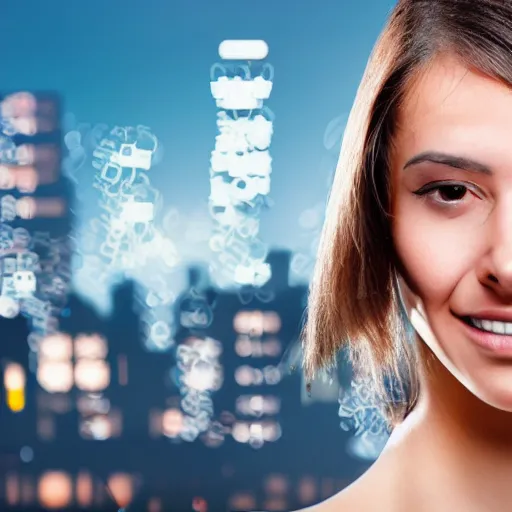 Image similar to close up on a woman\'s face with a log of cybernetic components. Futuristic city in the background. Very detailed. 55mm lens