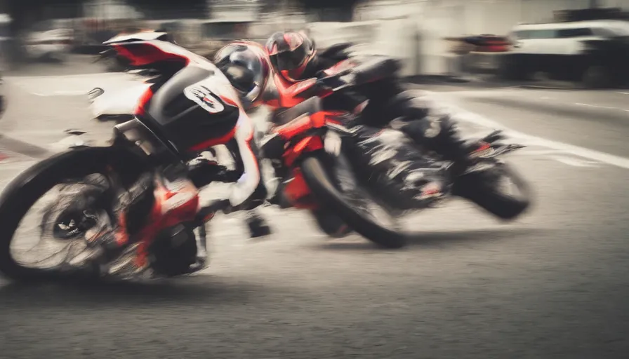 Prompt: a man sent flying off a motorbike , motion blur