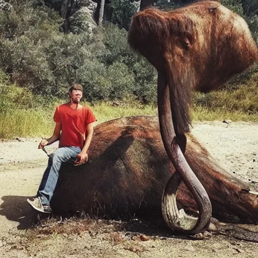 Prompt: “color photo of a Neanderthal with no cloth man taking an iPhone photo of a rusted big mammoth on the grill, National Geographic , anthropology photo”