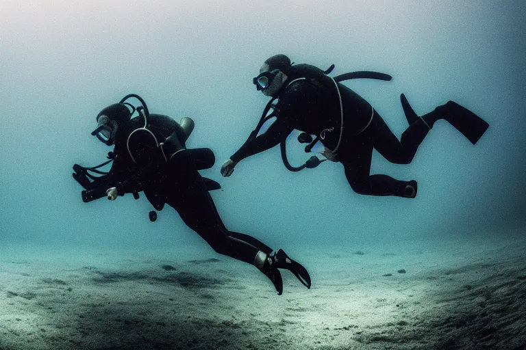 Image similar to a ominous scuba diver swimming underwater, photo-realistic low lighting, creepy, vast, shot by a camera,