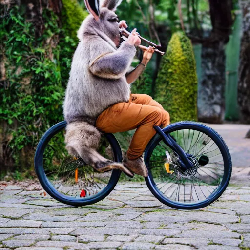 Image similar to fat donkey playing the flute whilst riding a unicycle, canon eos r 3, f / 1. 4, iso 2 0 0, 1 / 1 6 0 s, 8 k, raw, unedited, symmetrical balance, wide angle