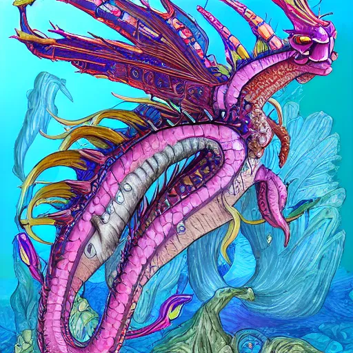 Image similar to underwater sea dragon full body, d & d style, trending on artstation, colorful, intricate, highly detailed art by ilse gort and yugin maffioli