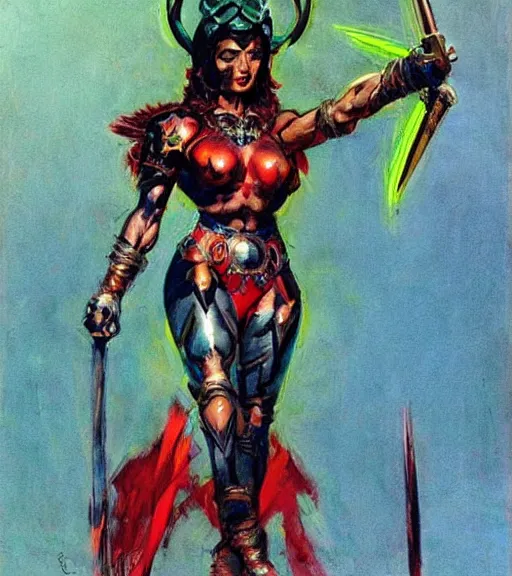 Image similar to portrait of strong iranian female chaos angel, beautiful! coherent! by frank frazetta, by brom, strong line, vivid neon color, shining metal power armor, iron helm, high contrast, maximalist