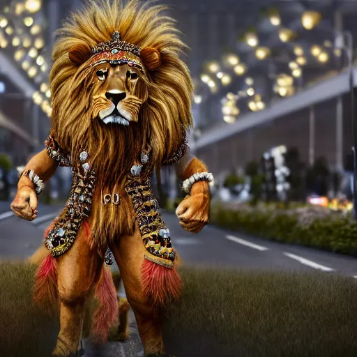 Image similar to scene of an anthropomorphic lion at a protest movement exquisite detail lion in hippie clothes, Streetwear, hippie fashion, protest movement, trending on artstation, bokeh, incredible detail, Graeme Base, 8k detail, gi, global illumination, physically based rendering, photoreal, small details, intricate complexity