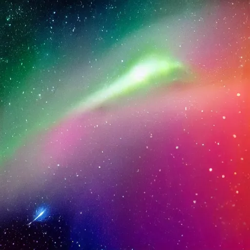 Image similar to a photo split into three horizontal sections. the top layer is the auora borealis. the middle layer is a mix between a giant squid, killer whale, and crab which swims under water amongst a school of colorful fish. the bottom layer is galaxies of outer space. 4 k, realistic