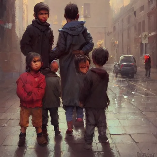 Prompt: oil painting of orphaned children asking for food in the streets of the city, by greg rutkowski, artstation