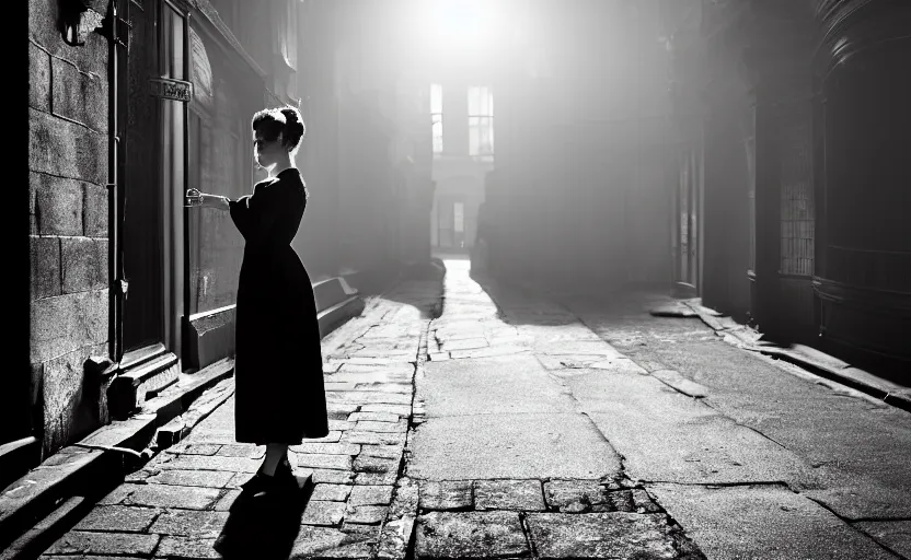 Prompt: A young Victorian woman wearing a black dress and hair in a bun, standing in a busy Victorian London back alley. Evening sunlight. Smog. Atmosphere. Gaslight street lamps. 8K. detailed. photorealism. artstation. 25mm f/1.7 ASPH Lens. ultra realistic