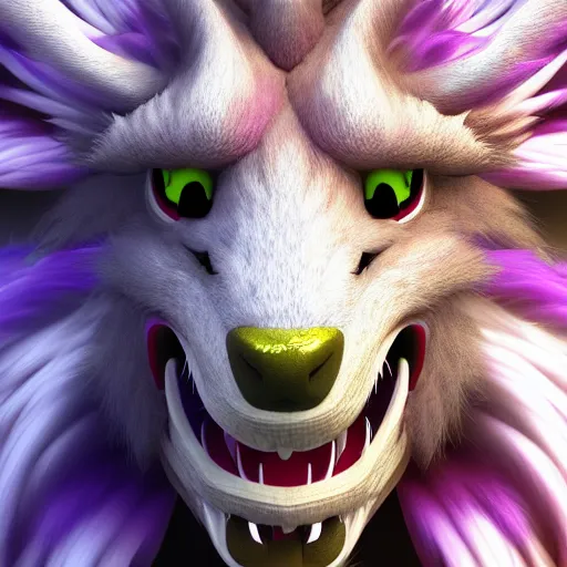 Prompt: colorful fluffy dragon face high detailed fur 3 d render 4 k