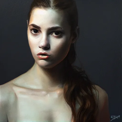 Image similar to a young woman, dramatic lighting, chiaroscuro, high detail, painted by j. p. targete, trending on artstation