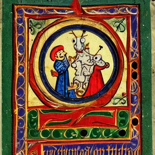 Prompt: medieval manuscript art of chuck e cheese's