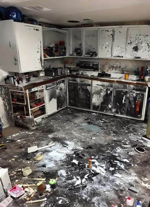 Prompt: photo of a secret meth lab, vandalized and broken