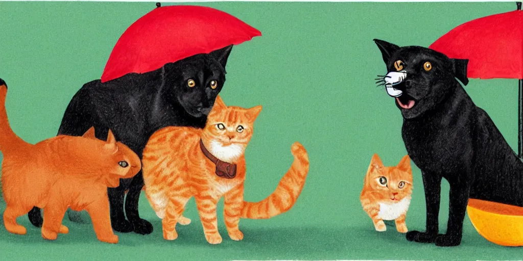 Image similar to a black dog and an orange tabby kitten standing in the rain by richard scarry