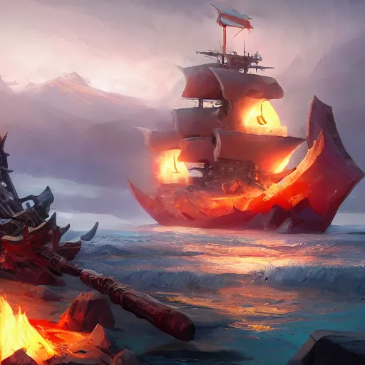 Image similar to arcane style viking battleship, viking cannons, viking spears and axes. spear and axes, sea background, bright art masterpiece artstation. 8 k, sharp high quality artwork in style of greg rutkowski, concept art by tooth wu, blizzard warcraft artwork, hearthstone card artwork