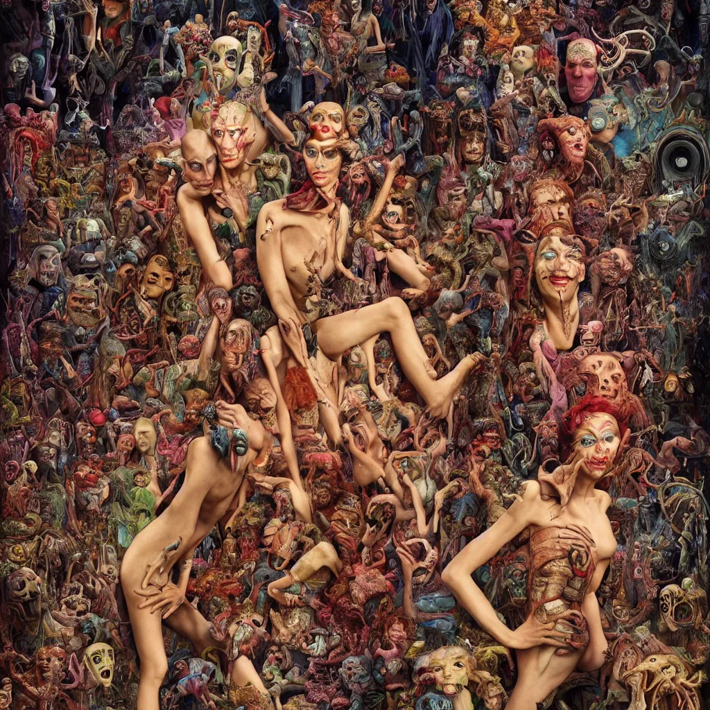 Image similar to 35mm color, humans enslaved by artificial intelligence, portrait, fashion shoot, freak show, weird, random, strange, hyperdetailed, photorealistic, interesting, by David la chapelle and karol bak and david cronenberg and WETA digital, art by Ivan Bilibin, Dariusz Zawadzki , ID magazine, octane rendering, cinematic, hyperrealism, octane rendering, 8k, depth of field, bokeh.