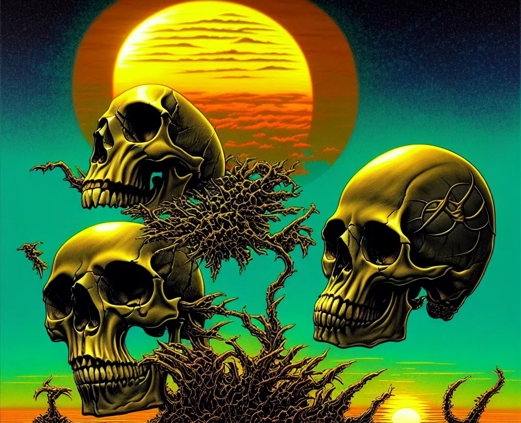 Image similar to a skull that is the sun rising just above the horizon over the sea by dan mumford and vladimir kush and donato giancola and ted withers and peter driben and brom and roberto ferri, green water, synthwave, retrowave, highly detailed, high contrast, intricate details, blended palette