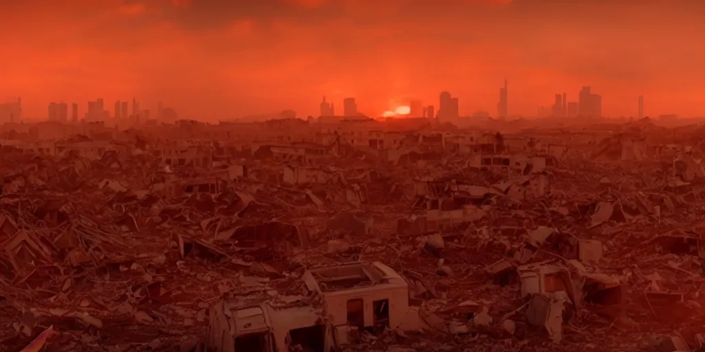 Image similar to a film still landscape by roger deakins - a destroyed city, 3 5 mm lens, early morning, dramatic lighting, cinematography, sunset red and orange, cinematic, global illumination, highly detailed, photorealistic