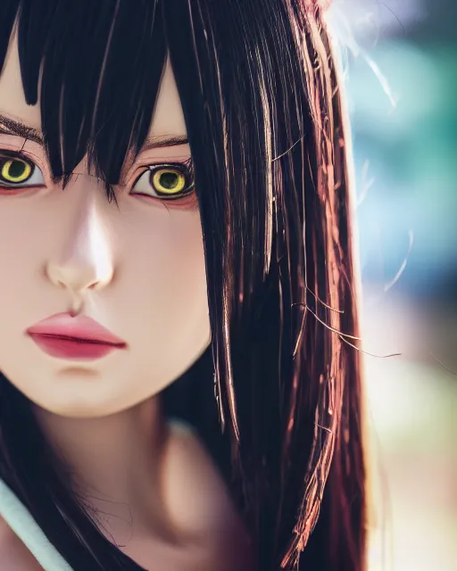 Prompt: A photo of a realistic-looking anime girl with black hair, highly detailed, bokeh, 90mm, f/1.4