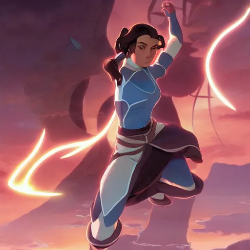 Image similar to Avatar Korra bending all four elements, highly detailed, digital painting, artstation, concept art, sharp focus, illustration, cinematic lighting, art by artgerm and greg rutkowski and alphonse mucha