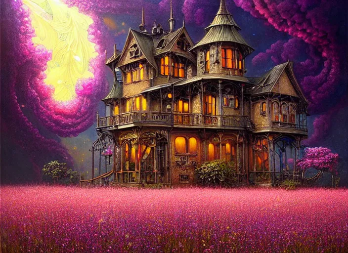 Image similar to a beautiful painting of a large steampunk house shrouded by mystic nebula magic in a field of flowers by moebius and android jones, oil on canvas sharp, details, hyper - detailed, hd, hdr, 4 k, 8 k