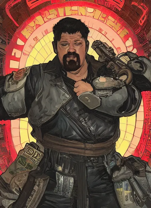 Image similar to cyberpunk paul blart fighting kickboxer. portrait by ashley wood and alphonse mucha and laurie greasley and josan gonzalez and james gurney. spliner cell, apex legends, rb 6 s, hl 2, d & d, cyberpunk 2 0 7 7. realistic face. vivid color. dystopian setting.