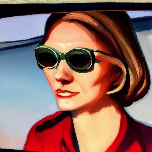 Image similar to Close-up portrait in car, dated a woman that lived on Cooterneck Road, She had a Catfish Camero and was cooler than me, by Edward Hopper, Bo Bartlett, and Cynthia Sheppard, Artstation