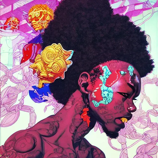 Prompt: citizen afropunk soft light painted by james jean and katsuhiro otomo and erik jones, inspired by akira anime, smooth face feature, intricate oil painting, high detail illustration, sharp high detail, manga and anime 1 9 9 9