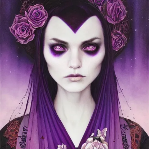 Prompt: a beautiful!! portrait of a blood witch, gothic kimono in purple and black!!!, blue eyes! by loish! and tom bagshaw