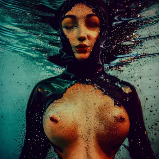 Image similar to two abstract beautiful female body silhouettes, beautiful acrylic fluid portrait, photography by amy leibowitz, renaissance painting, black latex female balaclava, female calendar, ballerina body covered with black water, underwater, old victorian room with glowing globes, close up portrait, cinematic still, film still, magic hour, dark shadows, fashion portrait, cold colors, long exposure,