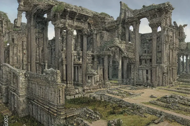 Image similar to intricate, 3 d, ancient city ruins, style by caspar david friedrich and wayne barlowe and ted nasmith.