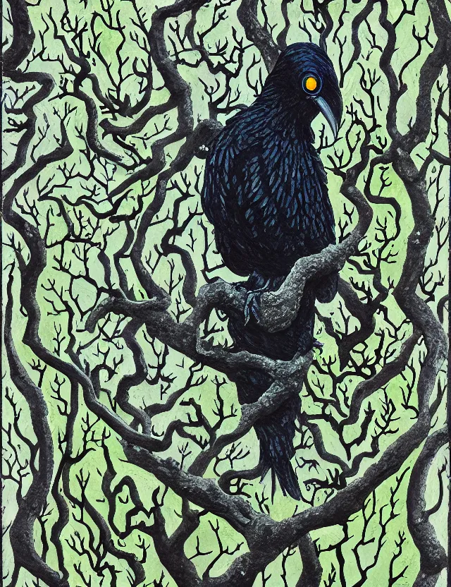 Image similar to raven god in the lichen woods. this gouache painting by an indie artist has an interesting color scheme, plenty of details and impeccable lighting.