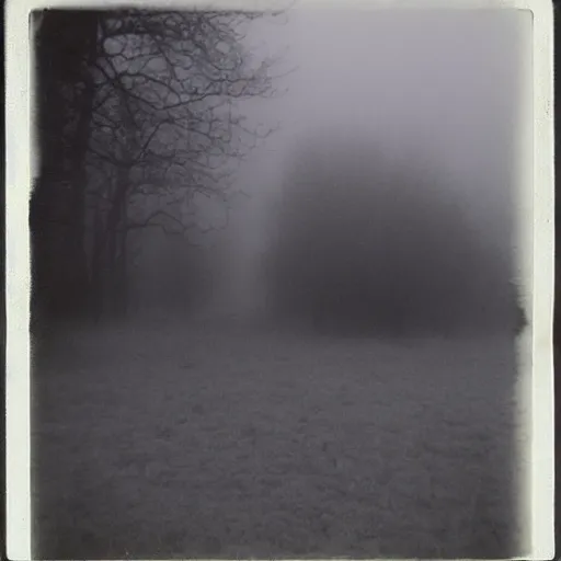 Image similar to the fog is thick shelter for ghosts, polaroid photography in style of andrey tarkovski, eerie, mystical, sublime