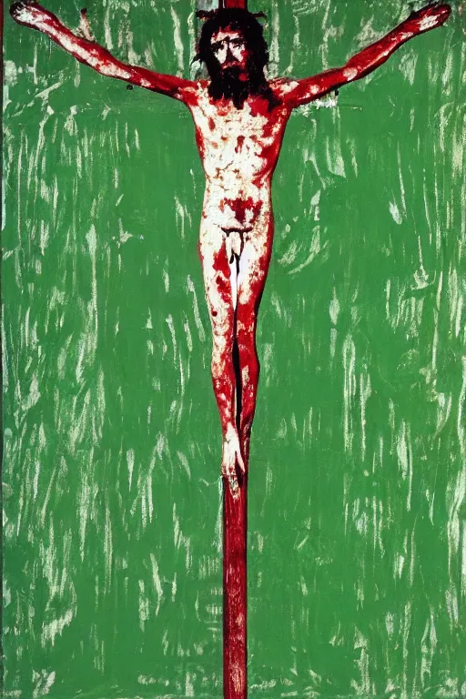 Image similar to green background with bloody christ crucified painted by cy twombly and andy warhol