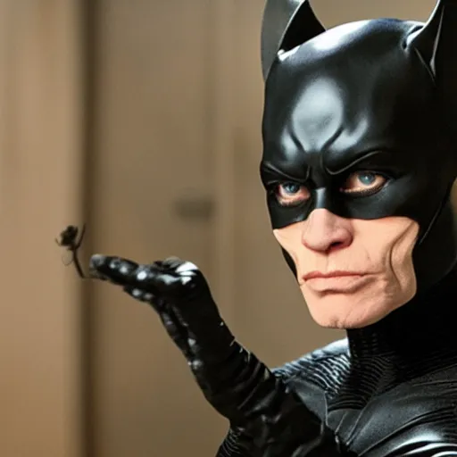 Prompt: film still of williem dafoe as catwoman in the new batman movie, 4 k