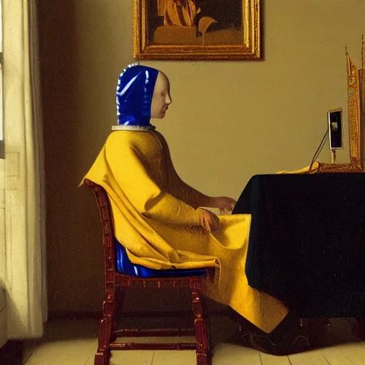 Prompt: painting of a royal female robot using a computer by Vermeer, Dutch Golden Age