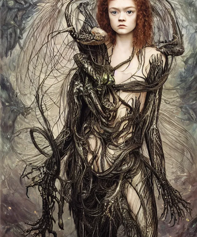 Prompt: a portrait photograph of a fierce sadie sink as a strong alien harpy queen with amphibian skin. she trying on a glowing and black lace shiny metal slimy organic membrane crown and transforming into an evil insectoid snake bird. by donato giancola, walton ford, ernst haeckel, peter mohrbacher, hr giger. 8 k, cgsociety